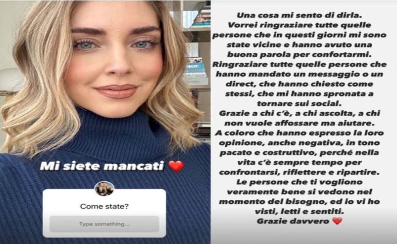Chiara Ferragni ritorno su Instagram