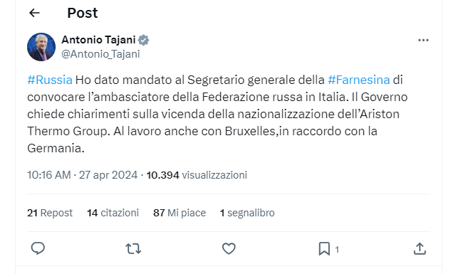 Antonio Tajani su X per la nazionalizzazione di Ariston Thermo Group