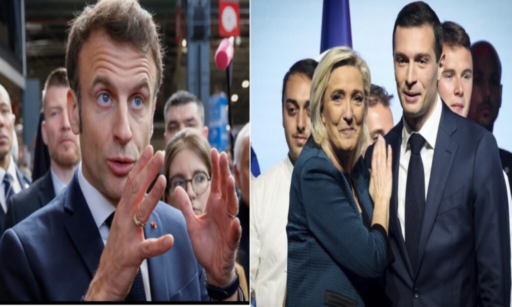 Jordan Bardella, Marine Le Pen e Emmanuel Macron di confronto