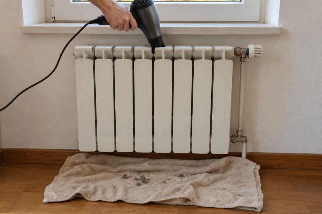 Prima di riaccendere i termosifoni, metti un asciugamano sotto e prova questo trucco 2 asciugacapelli sui termosifoni